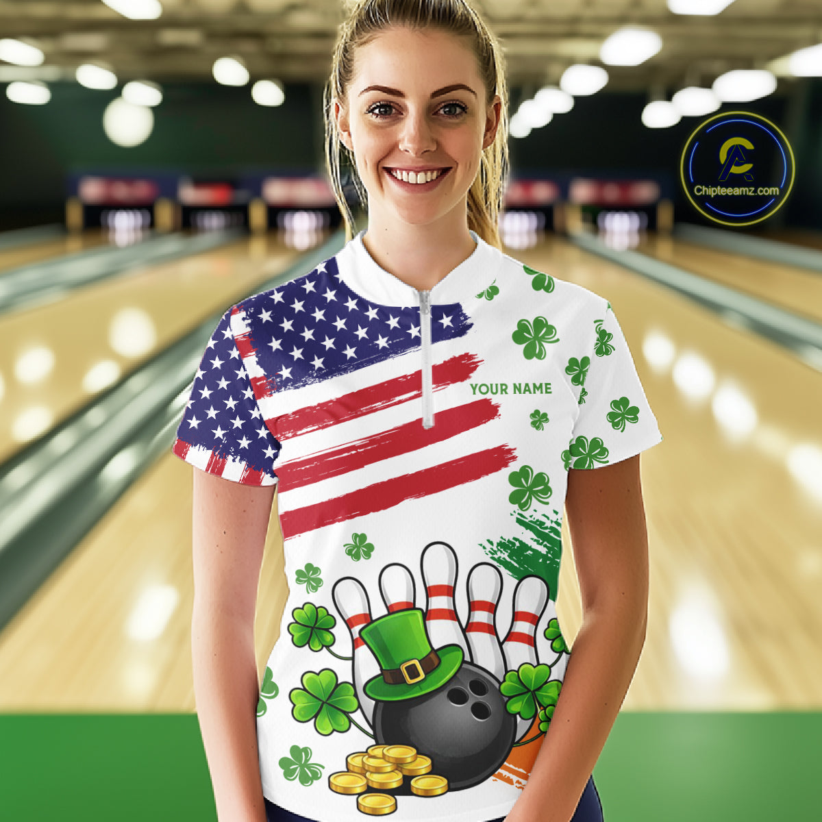 American Flag St Patricks Day Clover Bowling polo, 1/4 zip shirt for women Custom team bowling jersey NQS11452