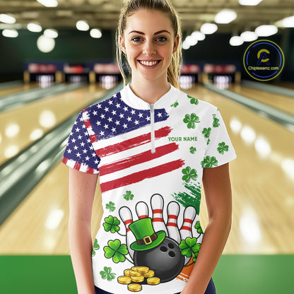 American Flag St Patricks Day Clover Bowling polo, 1/4 zip shirt for women Custom team bowling jersey NQS11452