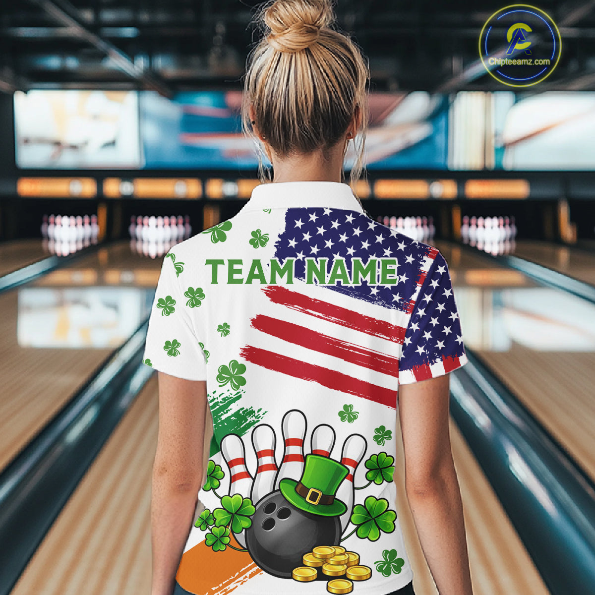 American Flag St Patricks Day Clover Bowling polo, 1/4 zip shirt for women Custom team bowling jersey NQS11452