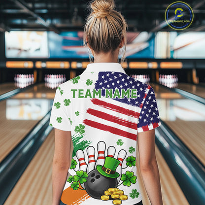 American Flag St Patricks Day Clover Bowling polo, 1/4 zip shirt for women Custom team bowling jersey NQS11452