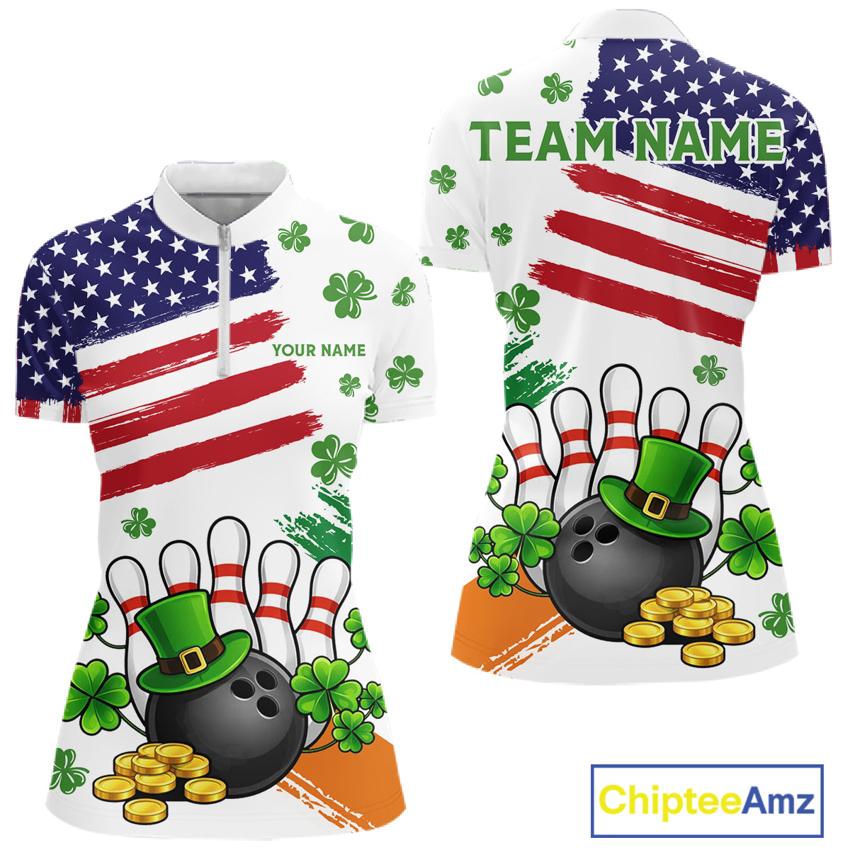 American Flag St Patricks Day Clover Bowling polo, 1/4 zip shirt for women Custom team bowling jersey NQS11452