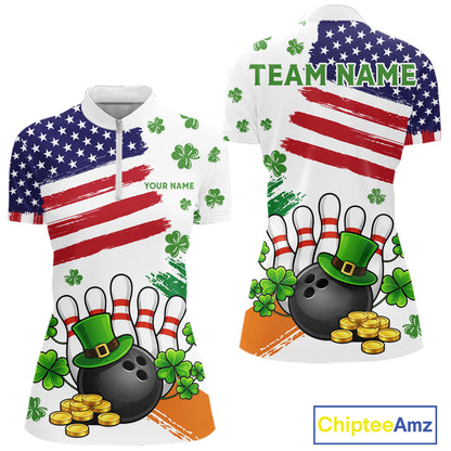 American Flag St Patricks Day Clover Bowling polo, 1/4 zip shirt for women Custom team bowling jersey NQS11452