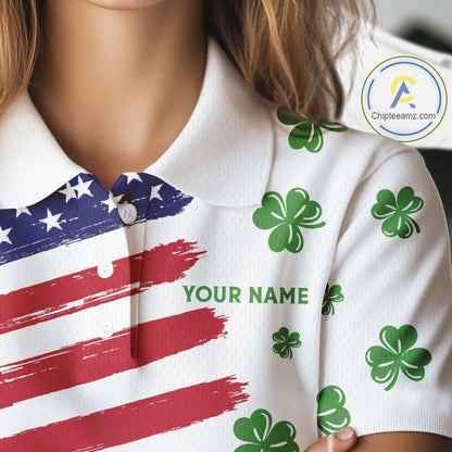 American Flag St Patrick's Day Clover Golf Polo shirts for Women Custom patriotic ladies golf tops NQS11453