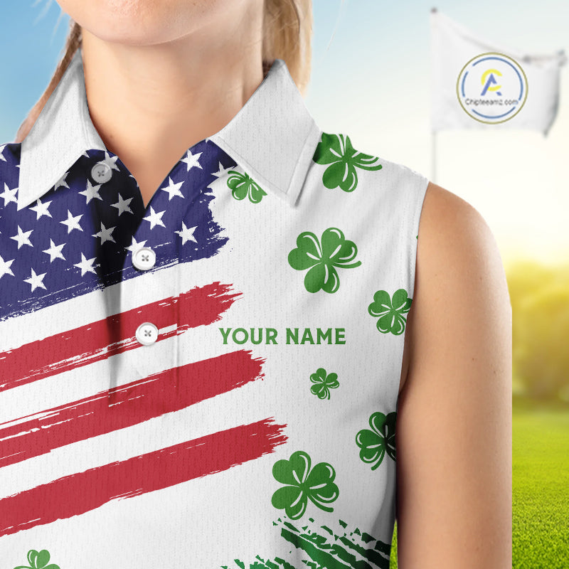 American Flag St Patrick's Day Clover Ladies Sleeveless Golf tops Custom patriotic women golf shirts NQS11453