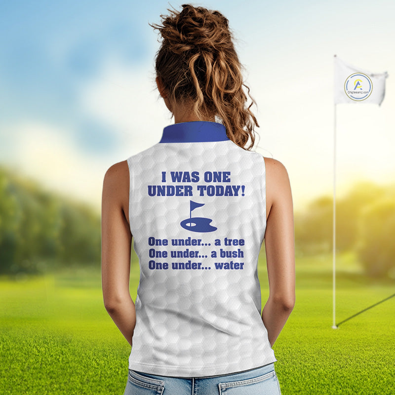 Women sleeveless polo shirt Blue and white custom I was one under today, under a tree, bush, water NQS11636