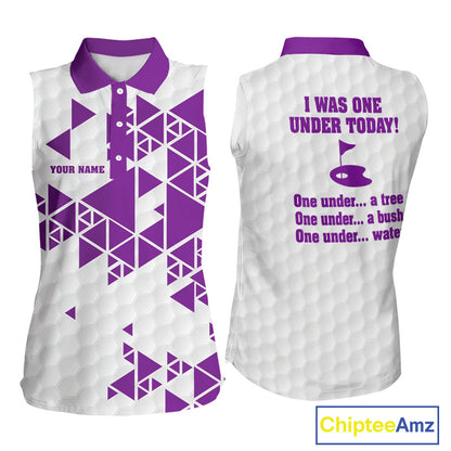 Women sleeveless polo shirt Purple and white custom I was one under today, under a tree, bush, water NQS11638