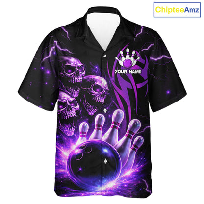 Custom Black and Purple Lightning Thunder Skull Dragon Bowling Button-up Shirts, Team Bowling Jerseys NQS11641