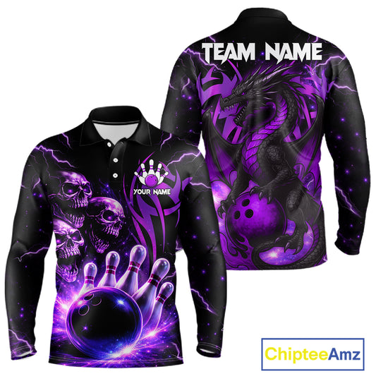 Custom Black and Purple Lightning Thunder Skull Dragon Bowling Shirts For Men, Team Bowling Jerseys NQS11641