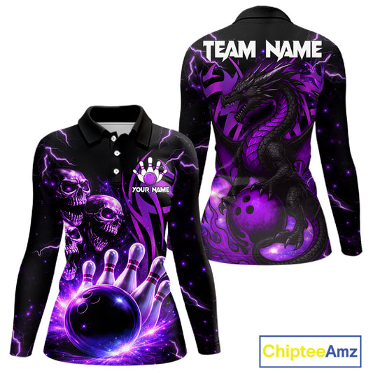 Custom Black and Purple Lightning Thunder Skull Dragon Bowling Shirts For Women, Team Bowling Jerseys NQS11641