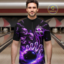 Load image into Gallery viewer, Custom Black and Purple Lightning Thunder Skull Dragon Bowling Shirts For Men, Team Bowling Jerseys NQS11641