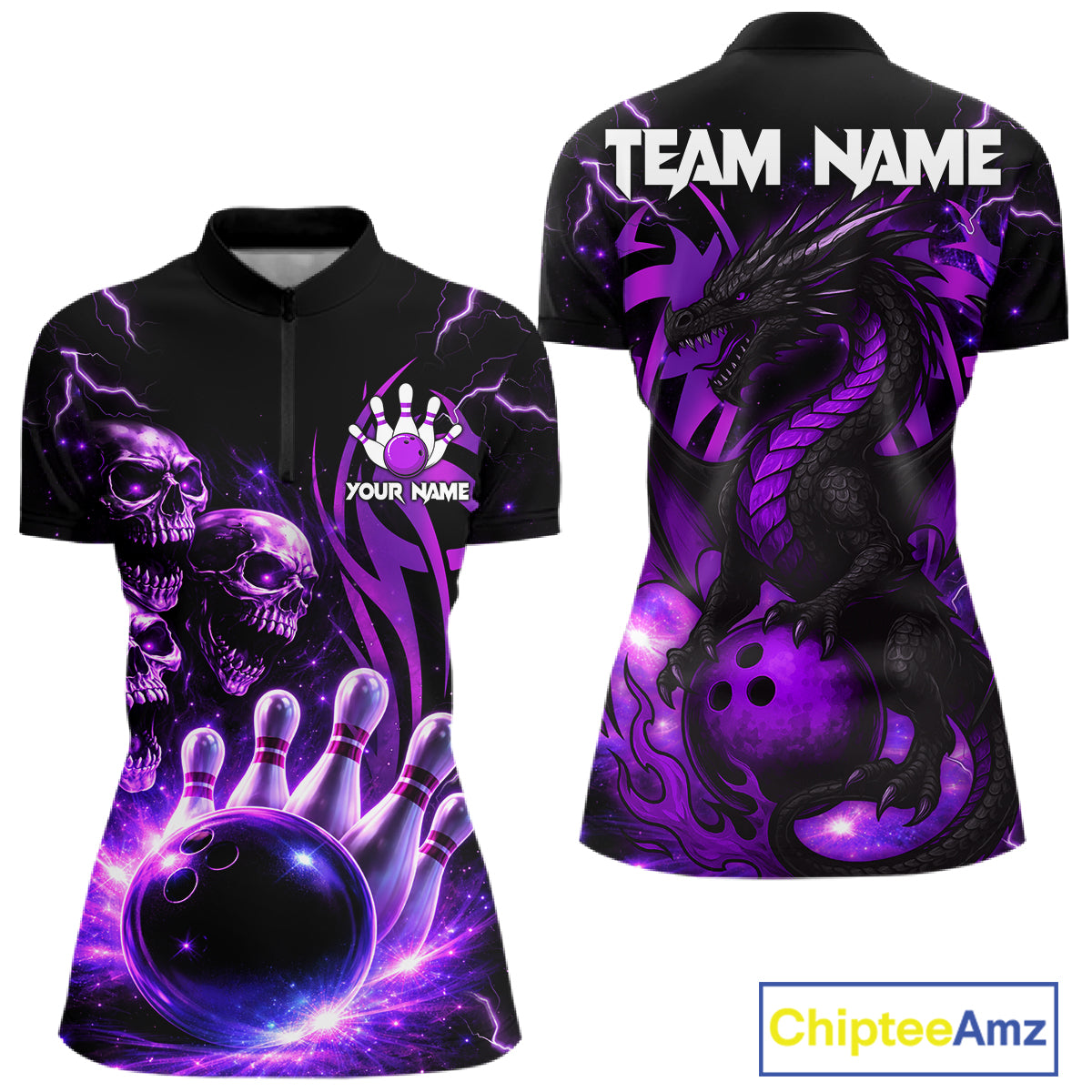 Custom Black and Purple Lightning Thunder Skull Dragon Bowling Shirts For Women, Team Bowling Jerseys NQS11641