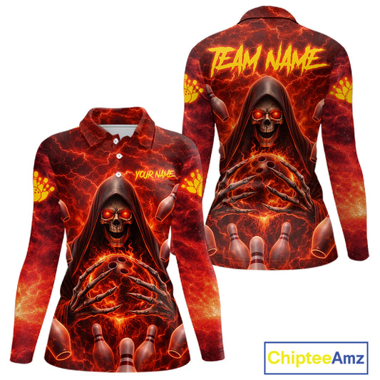 Red Lightning Thunder Skull Reaper Bowling Shirts For Women Custom Team Bowling League Jerseys NQS11642