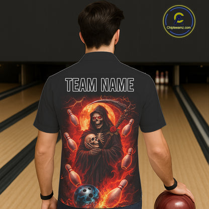 Black & Orange Lightning Thunder Moon Reaper Bowling Button-up Shirt Custom Skull Team Bowling Jersey NQS11643