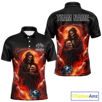 Black & Orange Lightning Thunder Moon Reaper Bowling Shirts For Men Custom Skull Team Bowling Jerseys NQS11643