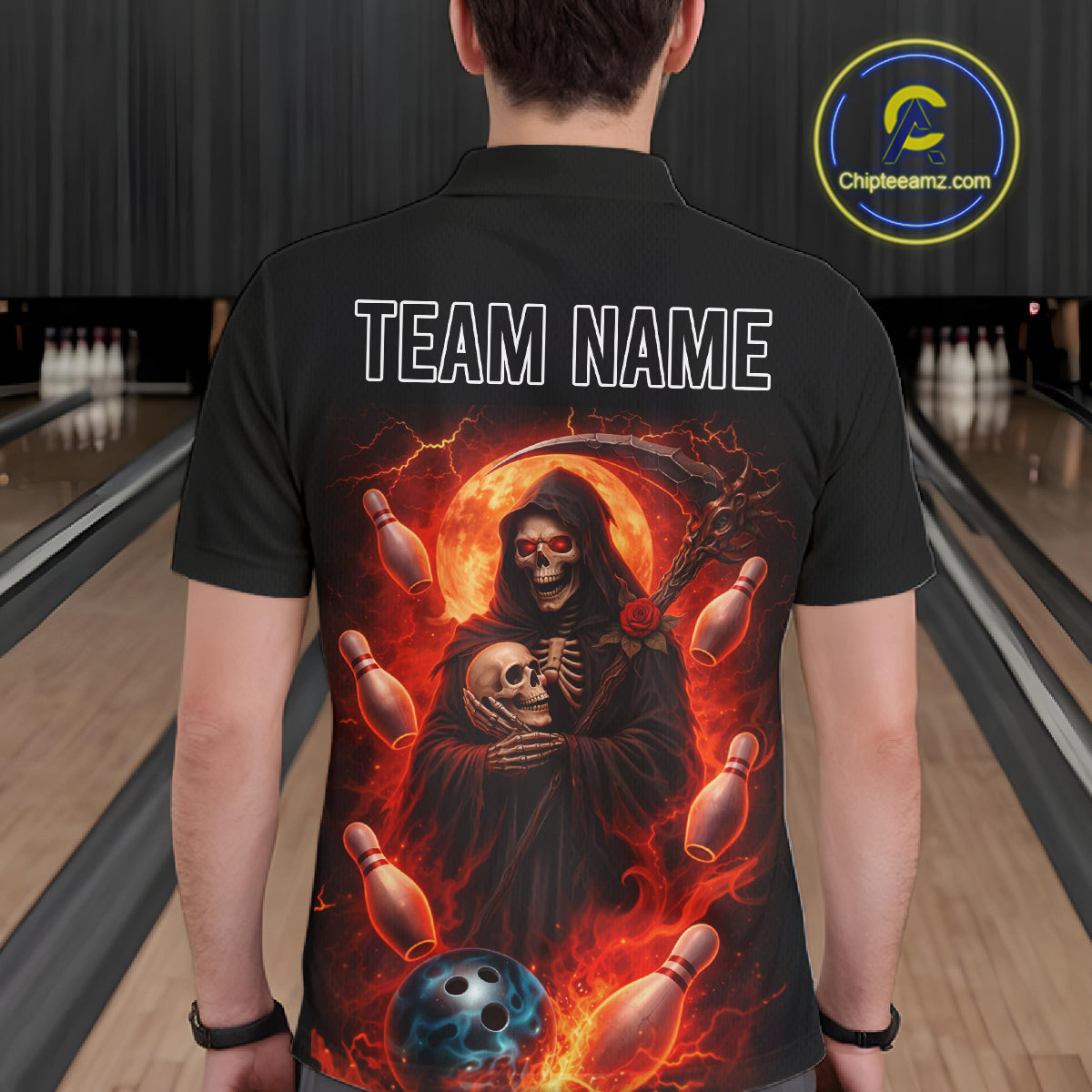 Black & Orange Lightning Thunder Moon Reaper Bowling Shirts For Men Custom Skull Team Bowling Jerseys NQS11643