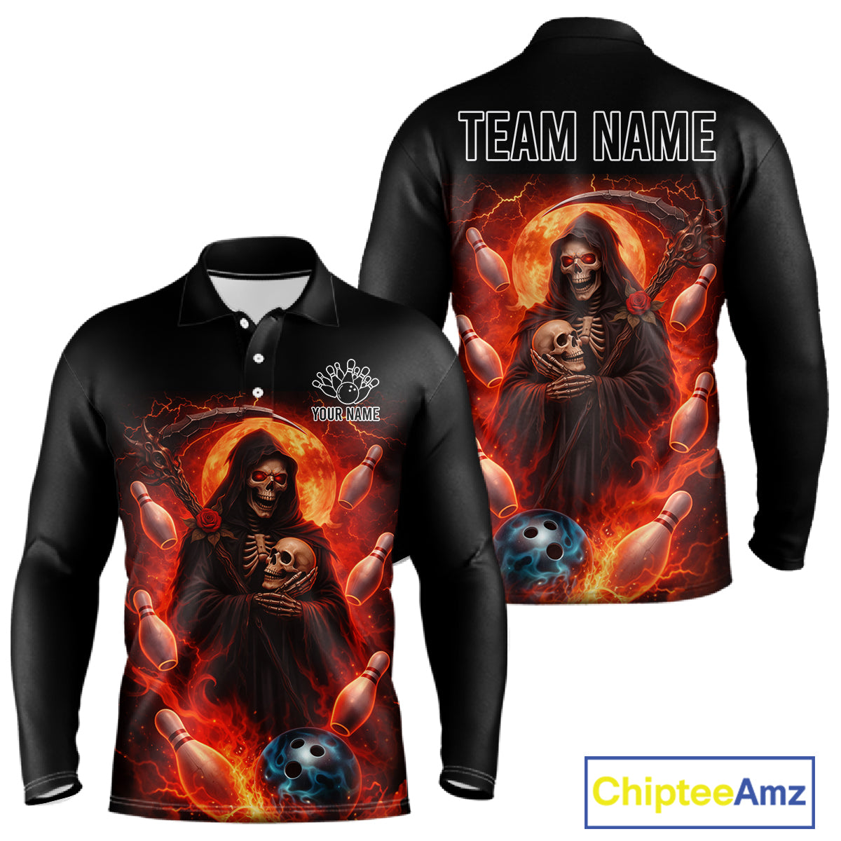 Black & Orange Lightning Thunder Moon Reaper Bowling Shirts For Men Custom Skull Team Bowling Jerseys NQS11643