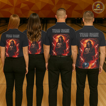 Black & Orange Lightning Thunder Moon Reaper Bowling Shirts For Men Custom Skull Team Bowling Jerseys NQS11643