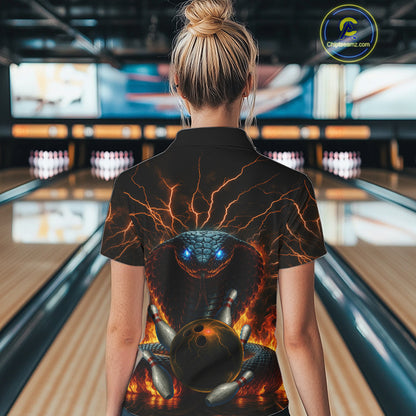 Personalized Orange Flame Thunder Lightning Cobra Snake Bowling Shirt For Women, Bowling Team Jerseys NQS10641