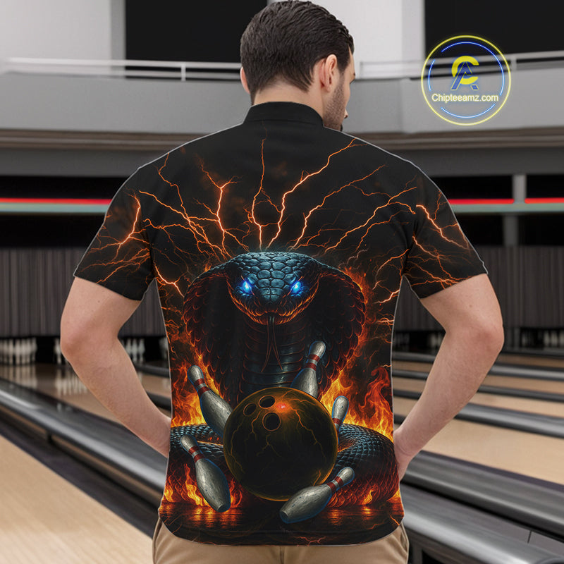 Personalized Orange Flame Thunder Lightning Cobra Snake Bowling Shirt For Men, Bowling Team Jerseys NQS10641
