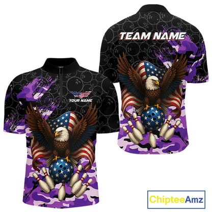 Black and Purple Camo American Flag Eagle Bowling Shirts For Men Custom Patriotic Team Bowling Jersey NQS10645