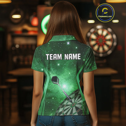 Green galaxy space pattern Darts Polo, Quarter zip Shirts For Women Custom Team Darts Jersey Outfit NQS10877