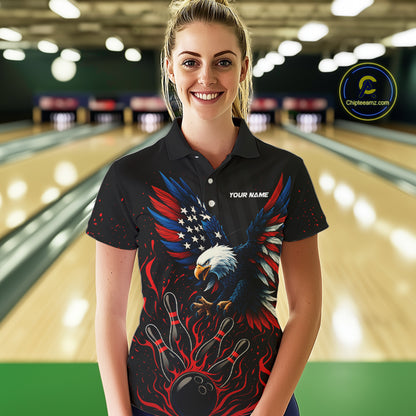 Black and Red Flame American Flag Eagle Bowling Shirts For Women Custom Patriotic Bowling Team Jersey NQS10878