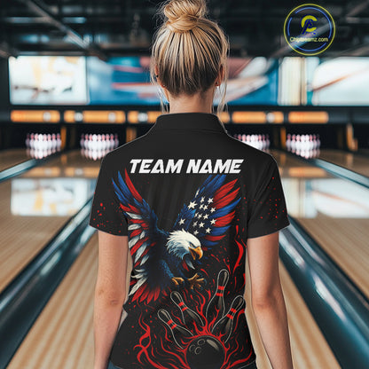 Black and Red Flame American Flag Eagle Bowling Shirts For Women Custom Patriotic Bowling Team Jersey NQS10878