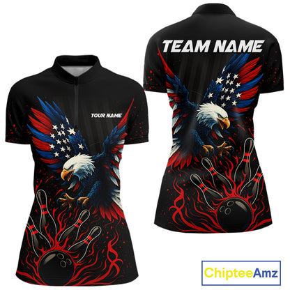 Black and Red Flame American Flag Eagle Bowling Shirts For Women Custom Patriotic Bowling Team Jersey NQS10878