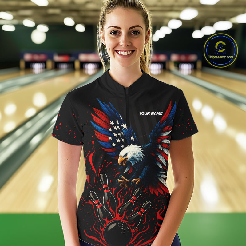 Black and Red Flame American Flag Eagle Bowling Shirts For Women Custom Patriotic Bowling Team Jersey NQS10878