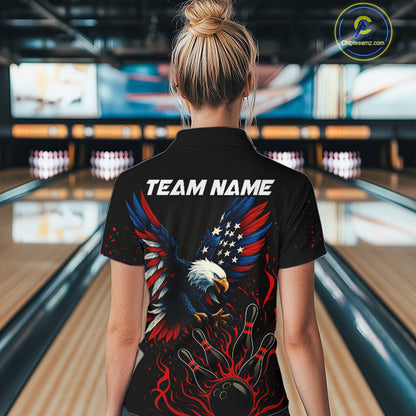 Black and Red Flame American Flag Eagle Bowling Shirts For Women Custom Patriotic Bowling Team Jersey NQS10878