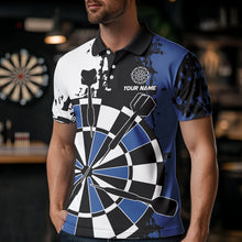 Load image into Gallery viewer, Personalized Black, Blue and White Grunge Darts Shirts For Men Custom Retro Team Darts Jersey NQS9525