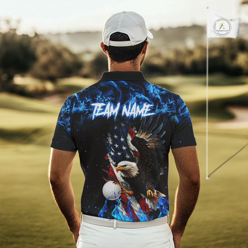 Blue Flame American Flag Eagle golf polo shirts for Men Custom patriotic mens golf outfit NQS11644