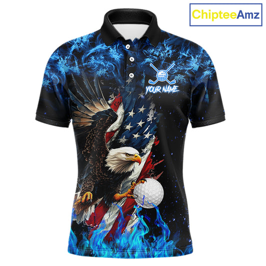 Blue Flame American Flag Eagle golf polo shirts for Men Custom patriotic mens golf outfit NQS11644