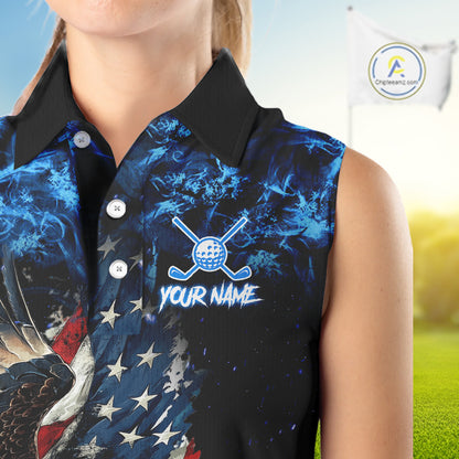 Blue Flame American Flag Eagle sleeveless golf shirts for Women Custom patriotic ladies golf outfit NQS11644