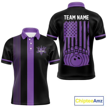 Custom Black and Purple American Flag Retro Bowling Team Shirts For Men, Patriotic Bowling Outfits NQS11650