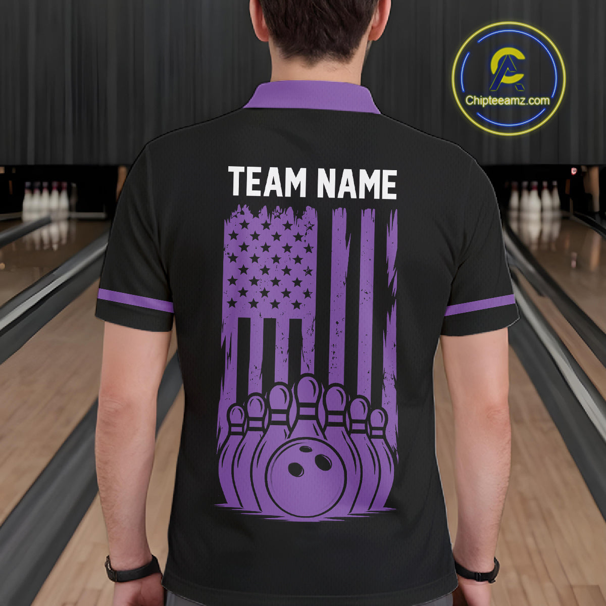 Custom Black and Purple American Flag Retro Bowling Team Shirts For Men, Patriotic Bowling Outfits NQS11650