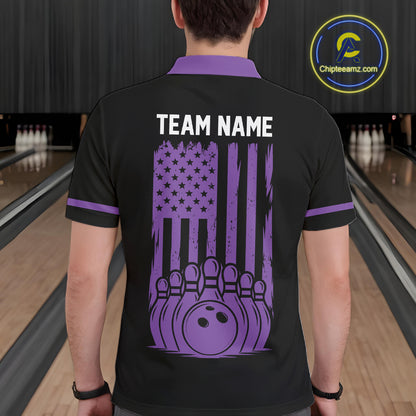 Custom Black and Purple American Flag Retro Bowling Team Shirts For Men, Patriotic Bowling Outfits NQS11650