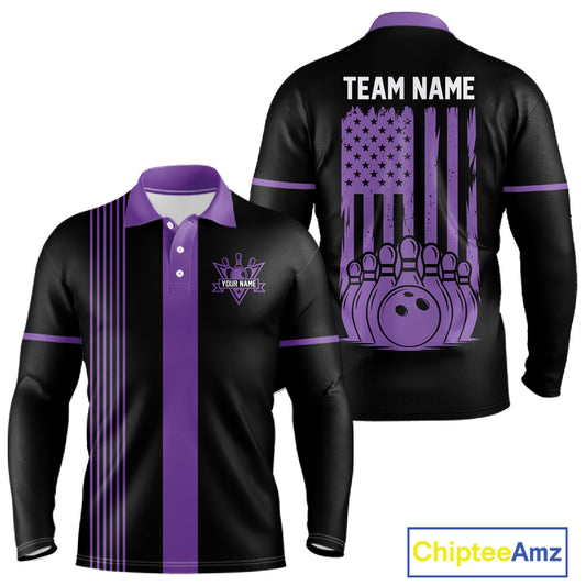 Custom Black and Purple American Flag Retro Bowling Team Shirts For Men, Patriotic Bowling Outfits NQS11650