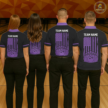 Custom Black and Purple American Flag Retro Bowling Team Shirts For Women, Patriotic Bowling Outfits NQS11650