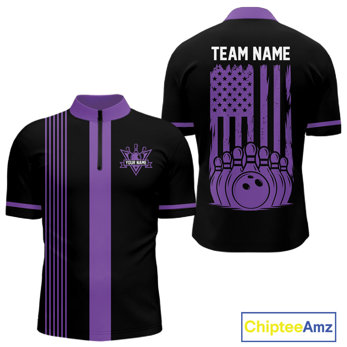 Custom Black and Purple American Flag Retro Bowling Team Shirts For Men, Patriotic Bowling Outfits NQS11650