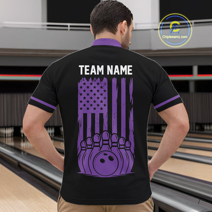 Custom Black and Purple American Flag Retro Bowling Team Shirts For Men, Patriotic Bowling Outfits NQS11650