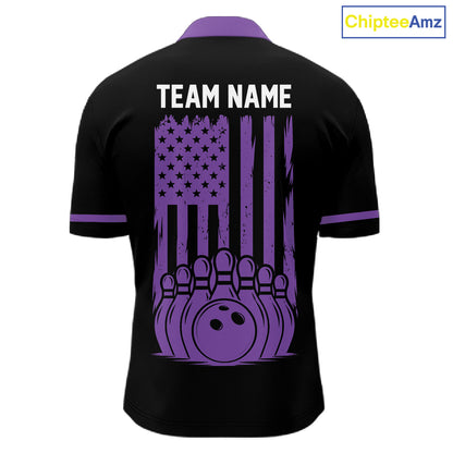Custom Black and Purple American Flag Retro Bowling Team Shirts For Men, Patriotic Bowling Outfits NQS11650