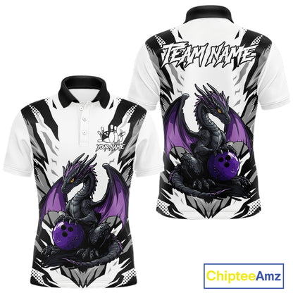 Black and White Bowling Polo, Quarter Zip Shirts For Men Custom Purple Dragon Bowling Team Jerseys NQS11740