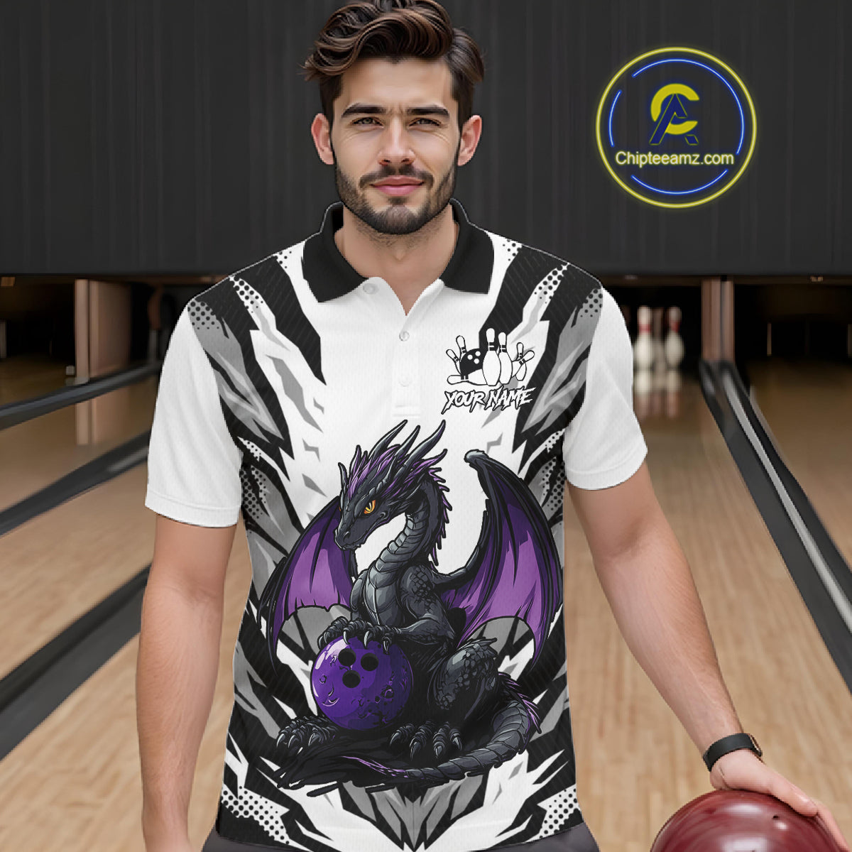 Black and White Bowling Polo, Quarter Zip Shirts For Men Custom Purple Dragon Bowling Team Jerseys NQS11740