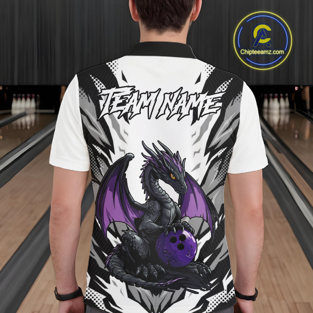 Black and White Bowling Polo, Quarter Zip Shirts For Men Custom Purple Dragon Bowling Team Jerseys NQS11740