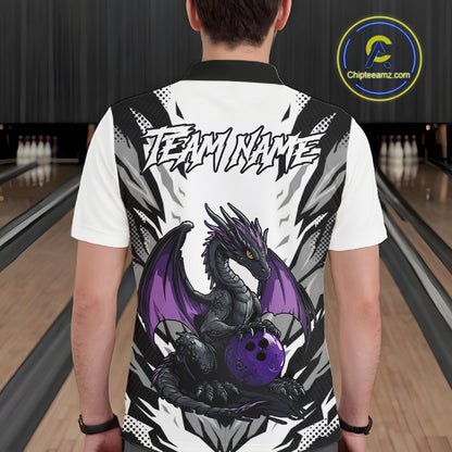 Black and White Bowling Polo, Quarter Zip Shirts For Men Custom Purple Dragon Bowling Team Jerseys NQS11740