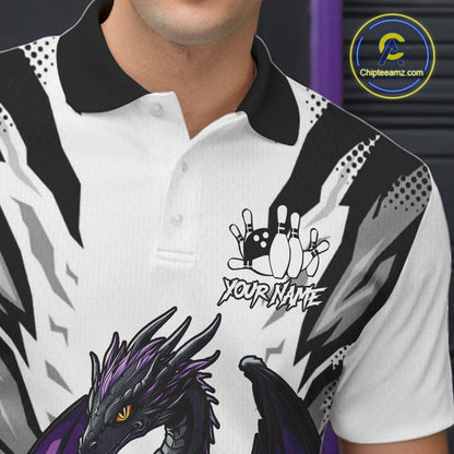 Black and White Bowling Polo, Quarter Zip Shirts For Men Custom Purple Dragon Bowling Team Jerseys NQS11740