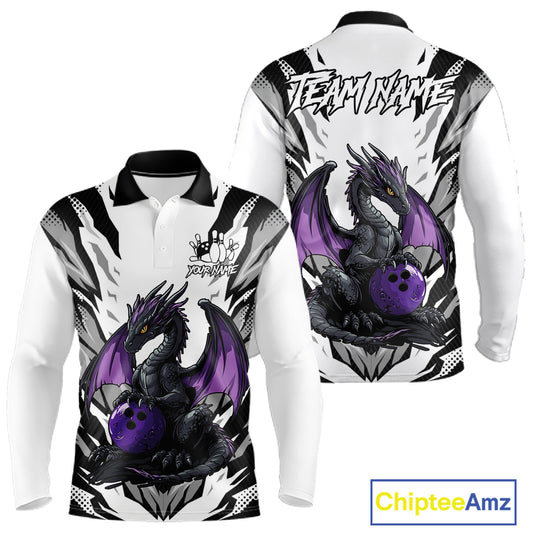 Black and White Bowling Polo, Quarter Zip Shirts For Men Custom Purple Dragon Bowling Team Jerseys NQS11740