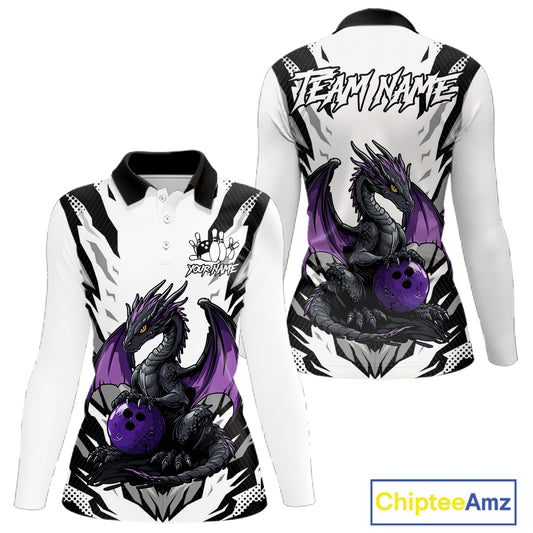 Black and White Bowling Polo, Quarter Zip Shirts For Women Custom Purple Dragon Bowling Team Jerseys NQS11740