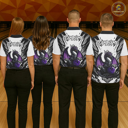 Black and White Bowling Polo, Quarter Zip Shirts For Women Custom Purple Dragon Bowling Team Jerseys NQS11740